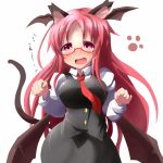  1girl animal_ears bespectacled blush cat_ears cat_tail glasses head_wings kemonomimi_mode koakuma kuromu_(underporno) long_hair necktie open_mouth paw_pose red_eyes redhead skirt skirt_set solo sweat tail touhou 