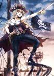  1girl armpits blonde_hair blue_eyes breasts cleavage feathers flag gun hat highres holster jewelry jolly_roger knife kouson33 large_breasts original pants pirate pirate_flag pirate_hat pirate_ship pistol ring ship solo sword weapon 