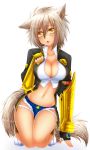  1girl animal_ears blazblue blush breasts brown_hair bullet_(blazblue) cat_tail crop_top cutoffs denim denim_shorts dog_ears dog_tail fang fingerless_gloves gloves highres hips kemonomimi_mode large_breasts looking_at_viewer midriff navel raised_eyebrow short_hair short_shorts shorts simple_background solo tail torn_clothes white_background yellow_eyes 