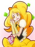  1girl bakusai blonde_hair bow bowtie cure_honey dress earrings hair_bow happinesscharge_precure! jewelry long_hair magical_girl oomori_yuuko precure smile solo wrist_cuffs yellow_dress yellow_eyes 