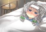  1girl :&lt; absurdres bed blanket blue_eyes blush braid candle gaoo_(frpjx283) highres izayoi_sakuya lying no_headwear on_back pillow sick silver_hair solo touhou towel towel_on_head twin_braids 