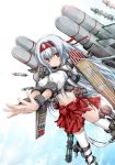  1girl brown_eyes cannon gatling_gun gun hair_ribbon hairband kantai_collection long_hair missile panties personification ribbon shoukaku_(kantai_collection) silver_hair skirt smile thighhighs torpedo turret underwear weapon white_hair white_legwear white_panties yellow_eyes yumesato_makura 