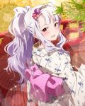  1girl artist_request blush hair_ornament heart idolmaster idolmaster_million_live! japanese_clothes kimono long_hair looking_at_viewer looking_over_shoulder musical_note official_art pink_eyes shijou_takane silver_hair 