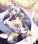  1girl artist_request bare_shoulders breasts cleavage cleavage_cutout detached_sleeves fingernails hand_to_own_mouth head_wings headpiece lavender_eyes lavender_hair leg_up lips long_fingernails parted_lips short_hair solo thighhighs white_legwear 