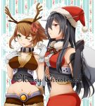  2girls black_hair brown_hair christmas collar fingerless_gloves gloves green_eyes hair_ribbon hairband hat kantai_collection leash looking_at_viewer midriff mound_of_venus multiple_girls mutsu_(kantai_collection) nagato_(kantai_collection) navel red_eyes reindeer_antlers ribbon santa_hat suzuka_(rekkyo) wink 