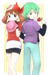  back-to-back bandana bike_shorts blue_eyes brown_hair embarrassed flower frisbee gloves green_eyes green_hair haruka_(pokemon) jacket nae_(sh_nae) pokemon red_rose rose short_hair shorts_under_skirt shuu_(pokemon) 