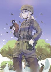  1girl absurdres airplane belt belt_buckle blonde_hair blood blood_on_face blue_eyes canteen drinking erica_(naze1940) from_below hand_on_hip helmet highres holster leaf long_hair military military_uniform original parachute ponytail sky soldier tree uniform war world_war_ii 