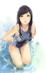  1girl black_eyes black_hair carina_(xiaowoo) competition_swimsuit highres long_hair one-piece_swimsuit original partially_submerged realistic solo swimsuit wet 