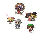  6+girls animal_ears black_eyes blonde_hair blush bow braid brown_hair cat_ears cat_tail chen chibi crystal earrings fang flandre_scarlet grey_hair hair_bow hakurei_reimu hat izayoi_sakuya jewelry kirisame_marisa long_hair maid_headdress multiple_girls onbashira open_mouth purple_hair ribbon saku_(osake_love) short_hair side_ponytail smile solid_oval_eyes tail tears touhou wink yasaka_kanako 