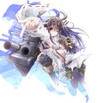  2girls @_@ ahoge bare_shoulders boots brown_hair chicken99 detached_sleeves double_bun hair_ornament hairband headgear hiei_(kantai_collection) highres japanese_clothes kantai_collection kongou_(kantai_collection) long_hair multiple_girls open_mouth personification short_hair skirt smile thigh_boots thighhighs 