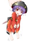  1girl barefoot blush bowl floral_print flying_sweatdrops fukaiton japanese_clothes kimono lifting looking_at_viewer minigirl obi open_mouth purple_hair red_eyes short_hair simple_background solo sukuna_shinmyoumaru tears touhou white_background 