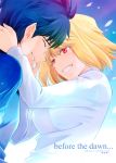  1boy 1girl arcueid_brunestud blonde_hair breasts couple glasses hands_on_another&#039;s_neck happy highres petals red_eyes shirotsumekusa short_hair slit_pupils smile sweater toono_shiki tsukihime 