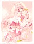  1girl boots character_name detached_sleeves flower hatsune_miku headset kneeling long_hair necktie pink_eyes pink_hair revision sakura_miku skirt smile solo thigh_boots thighhighs twintails very_long_hair vocaloid yuucho_(cololal) 