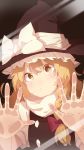  1girl against_glass black_dress blush bow braid commentary_request dress fourth_wall hair_ribbon hat hat_bow highres kirisame_marisa looking_at_viewer puffy_sleeves ribbon shirt short_hair shuzi single_braid solo touhou witch_hat yellow_eyes 