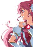  1girl aino_megumi backlighting character_name cure_lovely earrings hair_ornament hand_on_hip happinesscharge_precure! heart_hair_ornament jewelry long_hair magical_girl pink_eyes pink_hair ponytail precure smile solo white_background wrist_cuffs yuuzii 