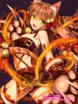  1girl animal_ears armlet bell bikini black_background brown_hair buckle cat_ears cat_tail claws collar cowboy_shot fang flame fur_trim green_eyes hair_ornament long_hair looking_at_viewer midriff open_mouth original paws solo standing strap swimsuit tail yangsion 