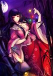  1girl bamboo bamboo_forest black_hair branch breasts dress forest full_moon highres hime_cut houraisan_kaguya jeweled_branch_of_hourai kalalasan long_hair moon nature night red_eyes solo touhou 