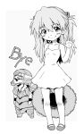  1girl blush_stickers chibi dbqp dress eva_02 hat hat_removed headwear_removed holding holding_hat mary_janes monochrome neon_genesis_evangelion pigeon-toed shoes smile souryuu_asuka_langley sun_hat waving 