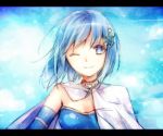  1girl ;) armband blue_eyes blue_hair cape hair_ornament hairclip letterboxed magical_girl mahou_shoujo_madoka_magica mahou_shoujo_madoka_magica_movie miki_sayaka sencha_(coldcolor) smile solo wink 