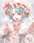  1girl blue_hair bust dress fangs hat hat_ribbon hutaba123 lowres mob_cap open_clothes open_jacket open_mouth pink_dress pointy_ears red_eyes remilia_scarlet ribbon solo touhou 