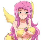  1girl bare_shoulders blue_eyes blush breasts butterfly collar collarbone curly_hair fluttershy long_hair looking_at_viewer mikadosaya my_little_pony my_little_pony_friendship_is_magic payot personification pink_hair simple_background solo white_background wings 