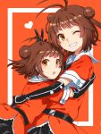  2girls ahoge antenna_hair brown_hair double_bun dual_persona elbow_gloves gloves grin heart hug kantai_collection ko-on_(ningen_zoo) looking_at_viewer multiple_girls naka_(kantai_collection) open_mouth personification short_hair smile time_paradox v wink yellow_eyes younger 
