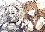  2girls bare_shoulders breasts bust fingerless_gloves gloves hairband kantai_collection long_hair makura-ko_(nacoll) monochrome multiple_girls musashi_(kantai_collection) nagato_(kantai_collection) open_mouth sarashi smile twintails 