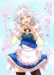  1girl apron black_legwear braid closed_eyes commentary_request heart heart_hands highres izayoi_sakuya maid maid_headdress mickey_dunn open_mouth puffy_sleeves shirt short_sleeves silver_hair skirt skirt_set smile solo thighhighs touhou twin_braids vest waist_apron wrist_cuffs zettai_ryouiki 