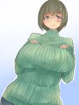  1girl blue_background breast_suppress breasts brll brown_hair glasses gradient gradient_background huge_breasts jeans looking_at_viewer ribbed_sweater short_hair smile sweater turtleneck turtleneck_sweater violet_eyes white_background 