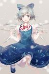  1girl blue_dress blue_eyes blue_hair blush bow cirno dress hair_bow highres ice ice_wings jq looking_at_viewer open_mouth puffy_sleeves shirt short_sleeves smile solo touhou wings 