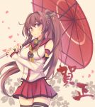 1girl brown_hair cherry_blossoms flower hair_ornament headgear kantai_collection keikei_(kitty_colors) long_hair looking_at_viewer personification ponytail red_eyes smile solo thighhighs umbrella very_long_hair yamato_(kantai_collection) 