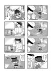  1boy 1girl 4koma admiral_(kantai_collection) closed_eyes comic faceless faceless_male fang kantai_collection minigirl monochrome naval_uniform open_mouth paper_airplane personification ryuujou_(kantai_collection) twintails visor_cap yakou_(innocent_chapel) 