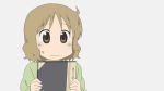  &gt;_&lt; 1girl 2boys animated animated_gif blush brown_eyes brown_hair cardigan daifukumochi jump_rope jumping long_skirt multiple_boys nichijou notebook sakurai_izumi skirt sweat 