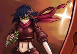  1girl absurdres alternate_costume black_hair blue_eyes cropped_jacket highlights highres jonathan_h kill_la_kill matoi_ryuuko midriff multicolored_hair navel scarf scissor_blade senketsu shooting_glasses spoilers suspenders symbol-shaped_pupils track_jacket 