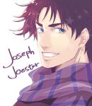  1boy blue_eyes grin jojo_no_kimyou_na_bouken joseph_joestar_(young) kino_(o2ban0) purple_hair scarf smile solo striped striped_scarf 