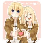  1boy 1girl armin_arlert blonde_hair blue_eyes christa_renz closed_eyes heart heart_hands heart_hands_duo highres long_hair open_mouth shingeki_no_kyojin short_hair shun-syun smile 