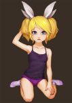 1girl armpits blonde_hair blue_eyes bow boyshorts camisole collarbone hair_bow hand_on_head kagamine_rin nail_polish ninny-world open_mouth short_twintails simple_background sitting socks solo twintails vocaloid wariza 