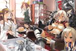  ahoge bare_shoulders bike_shorts black_gloves blonde_hair blush breasts brown_hair budget_sarashi cake cup dark_skin detached_sleeves double_bun elbow_gloves fingerless_gloves food glasses gloves hair_ribbon hairband headgear highres japanese_clothes kagerou_(kantai_collection) kantai_collection kongou_(kantai_collection) large_breasts long_hair looking_at_viewer multiple_girls musashi_(kantai_collection) navel nontraditional_miko patricia_(stylish_marunage) personification plate red_eyes ribbon sarashi school_uniform shimakaze_(kantai_collection) short_twintails sitting skirt teacup teapot thighhighs twintails white_gloves 