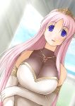  1girl bare_shoulders breasts character_request cleavage dutch_angle elbow_gloves endou_hiroto gloves highres huge_breasts jewelry long_hair necklace open_mouth pink_hair smile solo tagme tiara 