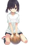  1girl basketball black_eyes black_hair gym_uniform low_twintails original shirabi_(life-is-free) short_hair short_twintails shorts sitting solo twintails 