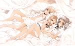  3girls barefoot bed black_hair blonde_hair brown_hair long_hair looking_at_viewer multiple_girls navel ooyari_ashito open_clothes open_shirt short_hair smile 