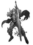  1girl armor breastplate cape faulds full_armor gauntlets greaves highres horned_helmet huge_weapon kilart monochrome original sword weapon 