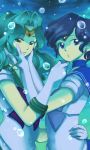  2girls aqua_eyes aqua_hair bishoujo_senshi_sailor_moon blue blue_eyes blue_hair bubble choker ear_studs earrings elbow_gloves gloves hands_on_another&#039;s_face jewelry kaiou_michiru mizuno_ami multiple_girls sailor_mercury sailor_neptune short_hair short_sleeves tiara white_gloves yue_asky 