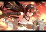  1girl absurdres armpits black_hair breasts daba fingerless_gloves fire gloves hairband highres kantai_collection large_breasts long_hair machinery midriff mound_of_venus nagato_(kantai_collection) navel open_mouth personification red_eyes solo turret 