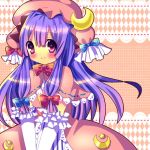  1girl blush capelet chocolat_(momoiro_piano) crescent dress elbow_gloves gloves hair_ribbon hat long_hair open_clothes open_coat patchouli_knowledge pink_eyes purple_hair ribbon smile solo striped striped_dress touhou tress_ribbon very_long_hair white_gloves 