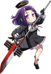  1girl caffein chibi gloves halberd kantai_collection looking_at_viewer machinery mechanical_halo personification polearm purple_hair ribbon short_hair smile solo tatsuta_(kantai_collection) violet_eyes weapon 