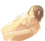  2girls agu_(rodorigesu_moromoro) black_hair blonde_hair christa_renz cuddling hair_down light_smile lying monochrome multiple_girls parted_lips shingeki_no_kyojin short_hair tears ymir_(shingeki_no_kyojin) 