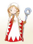  1girl blonde_hair drill_hair final_fantasy final_fantasy_tactics gloves mahou_shoujo_madoka_magica oda_takayuki robe simple_background solo staff tomoe_mami twin_drills white_background white_mage white_mage_(cosplay) white_mage_(fft) wink yellow_eyes 