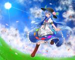 1girl blue_hair blue_sky boots character_name clouds cross-laced_footwear fisheye food fruit hat highres hinanawi_tenshi knee_boots layered_skirt leaf leg_up lens_flare light_particles long_hair long_skirt looking_at_viewer meadow open_hand open_mouth outdoors peach petals red_eyes ribbon short_sleeves skirt sky solo sun touhou ymd_(holudoun)