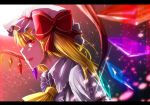  1girl ascot blonde_hair blurry bow depth_of_field flandre_scarlet foreshortening hat hat_bow letterboxed moon moonlight night profile red_eyes side_ponytail touhou tunasann wings 